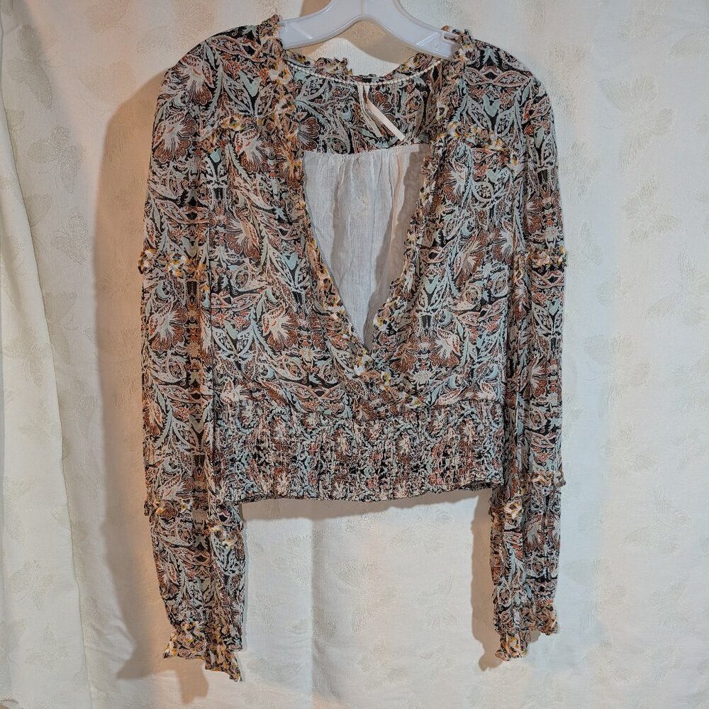 Anthropologie Size M Crop Top Blouse Peasant Surplice V-Neck Long Sleeve